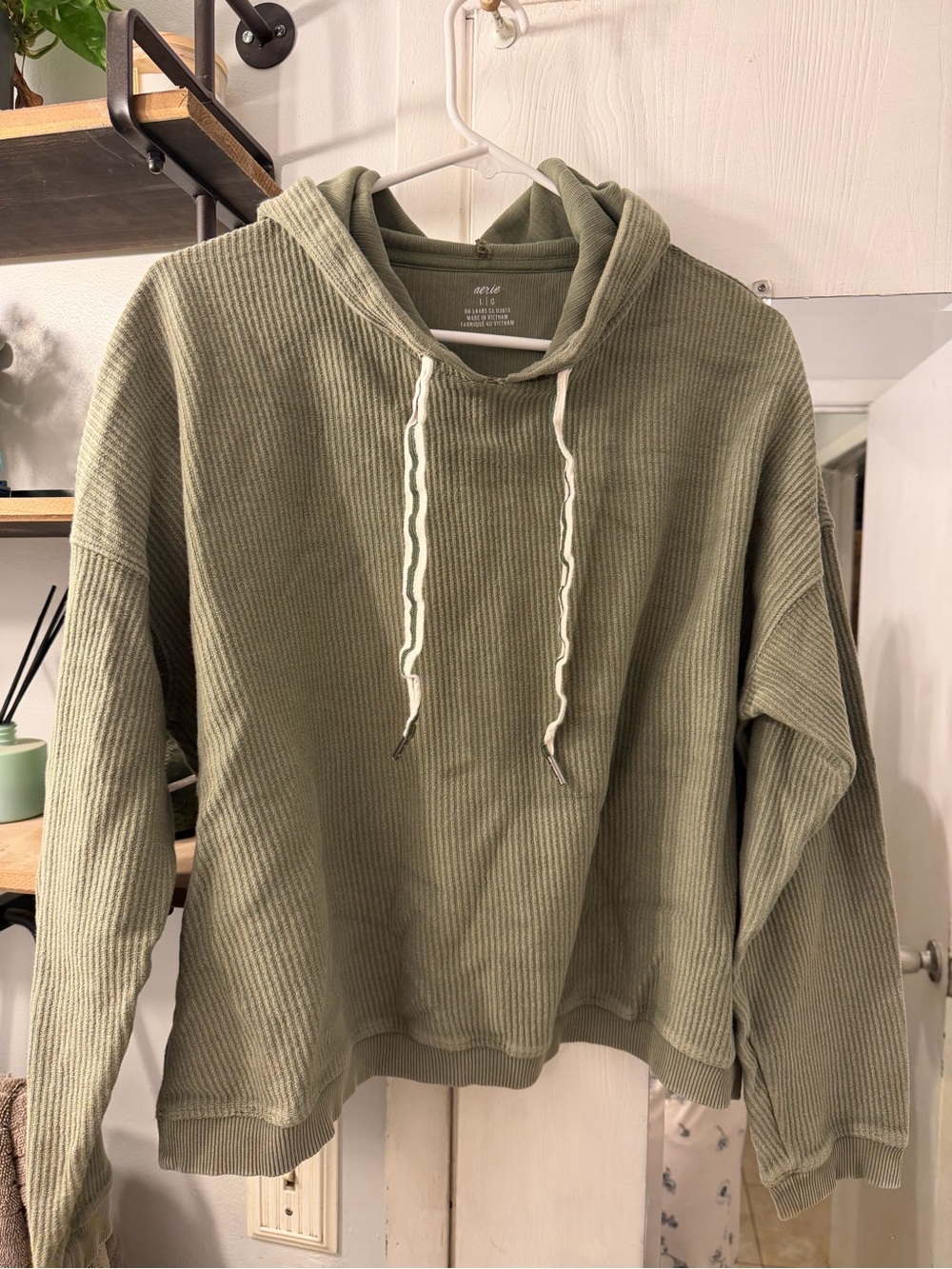 aerie Olive Green Ribbed Hoodie with Drawstring